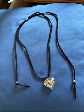 Silver Heart Pendant Black Suede Necklace